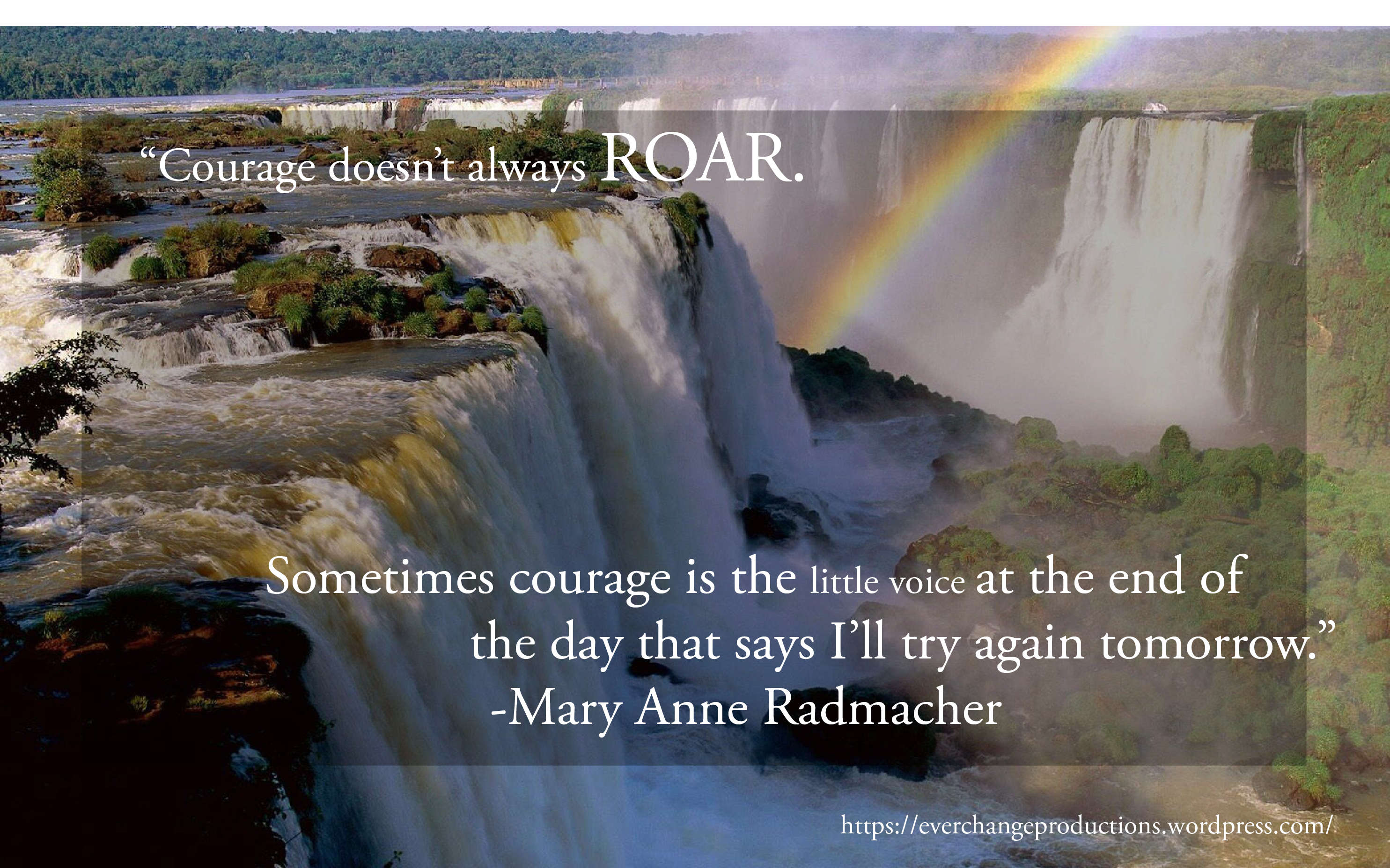 “Courage doesn't always roar. Sometimes courage is the little voice at the end of the day that says I'll try again tomorrow.” ― Mary Anne Radmacher motivational quote