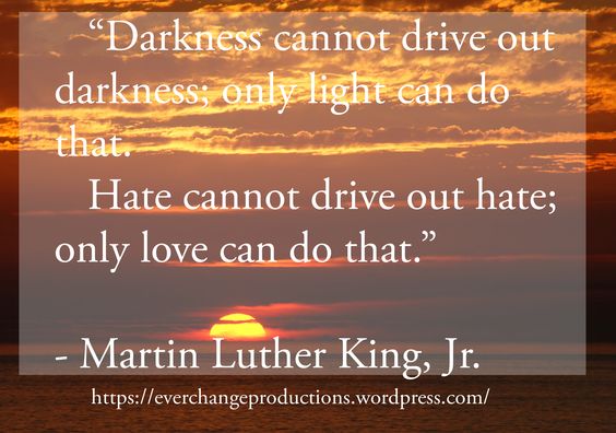 "Darkness cannot drive out darkness, only light can do that. Hate cannot drive out hate; only love can do that." -Martin Luther King, Jr. motivational quote